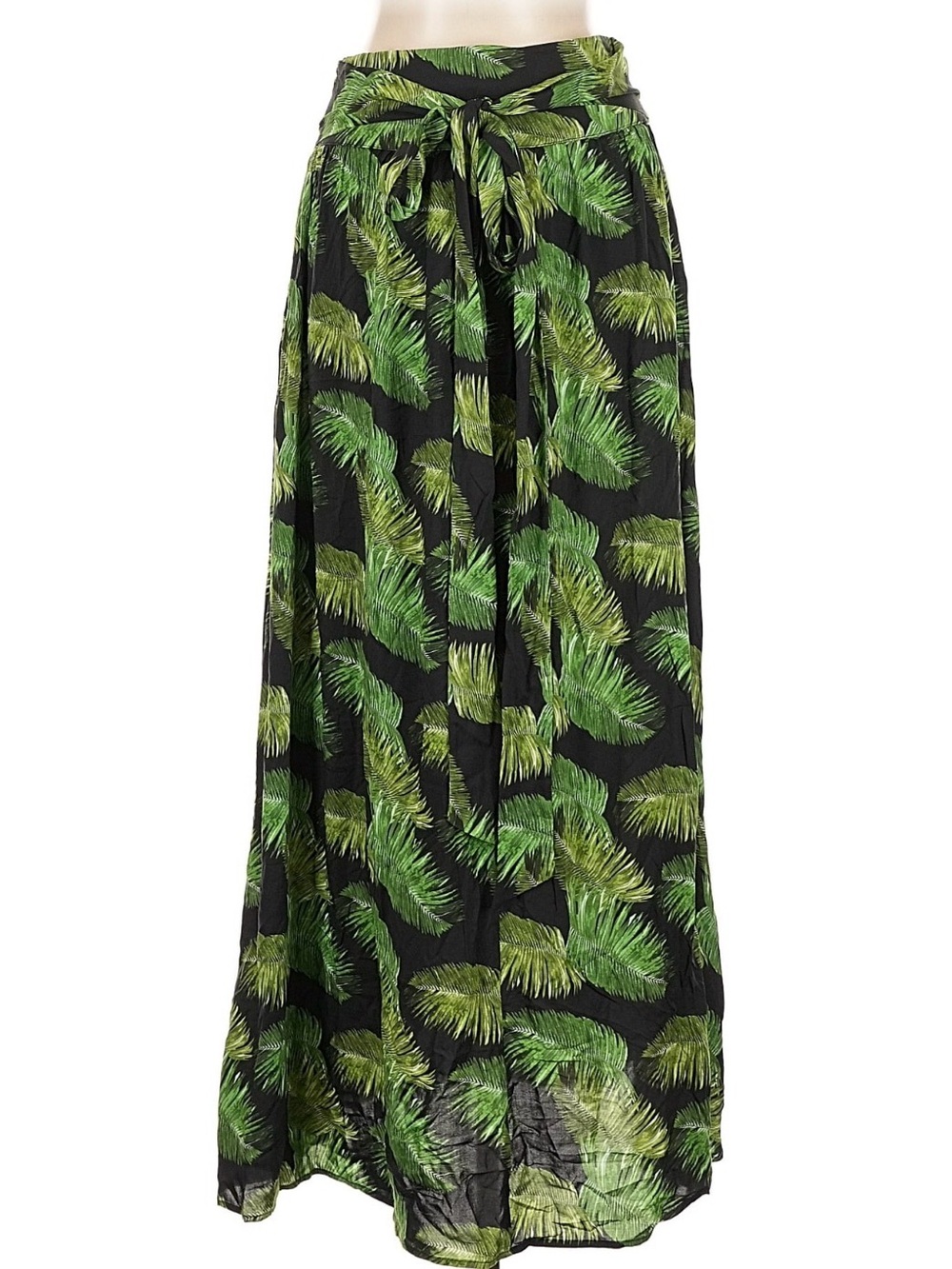 Black Wrap Maxi Skirt with Green Palm Print and Tie Waist